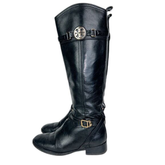 Tory Burch Calista Black Leather Knee High Riding Boots Gold Buckle Women's 6 - Picture 1 of 12